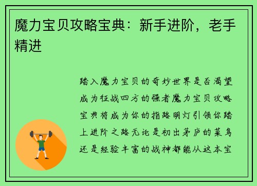 魔力宝贝攻略宝典：新手进阶，老手精进